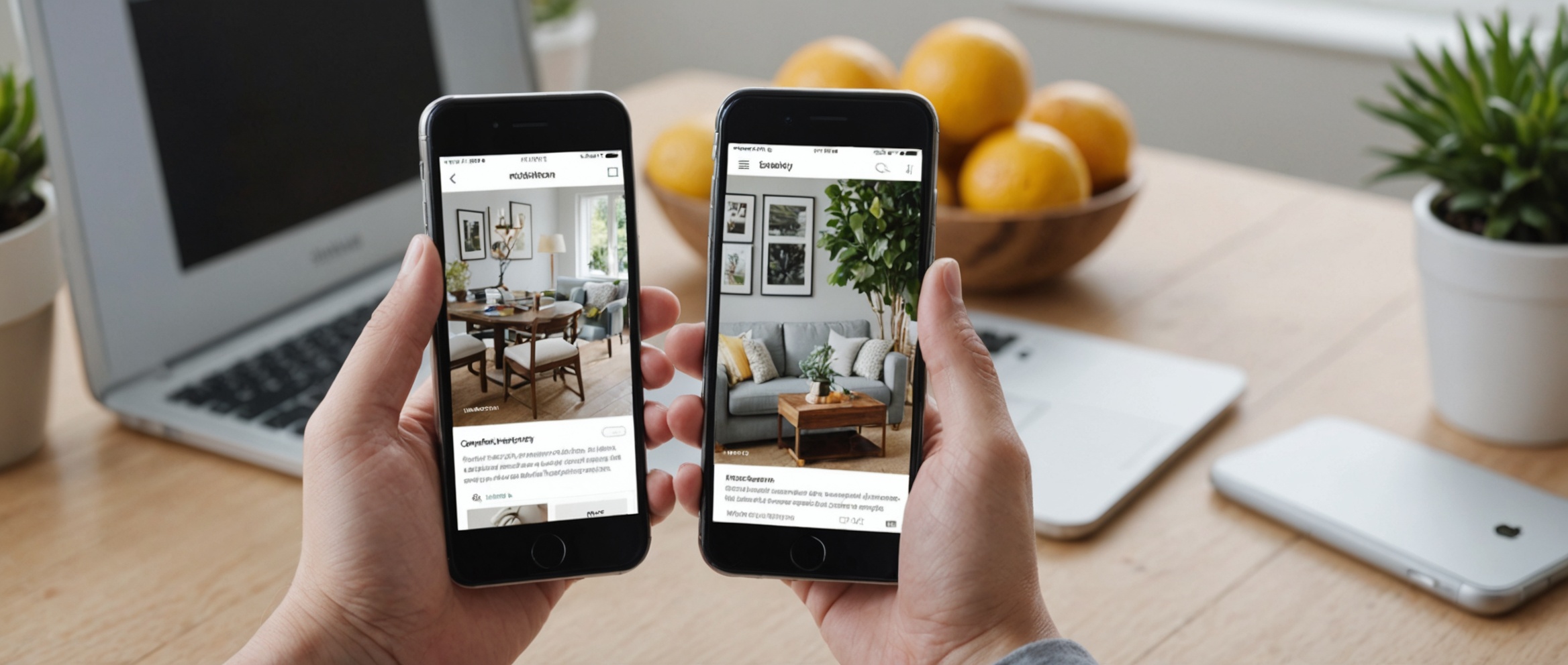 Две руки держат смартфоны с приложением дизайна интерьера на фоне стола с ноутбуком.