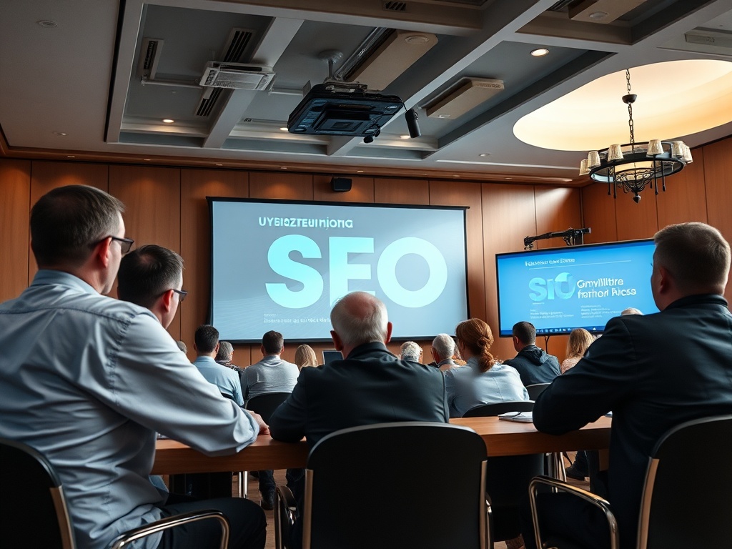 A group of people attending a presentation about SEO in a conference room, with two screens displaying information.