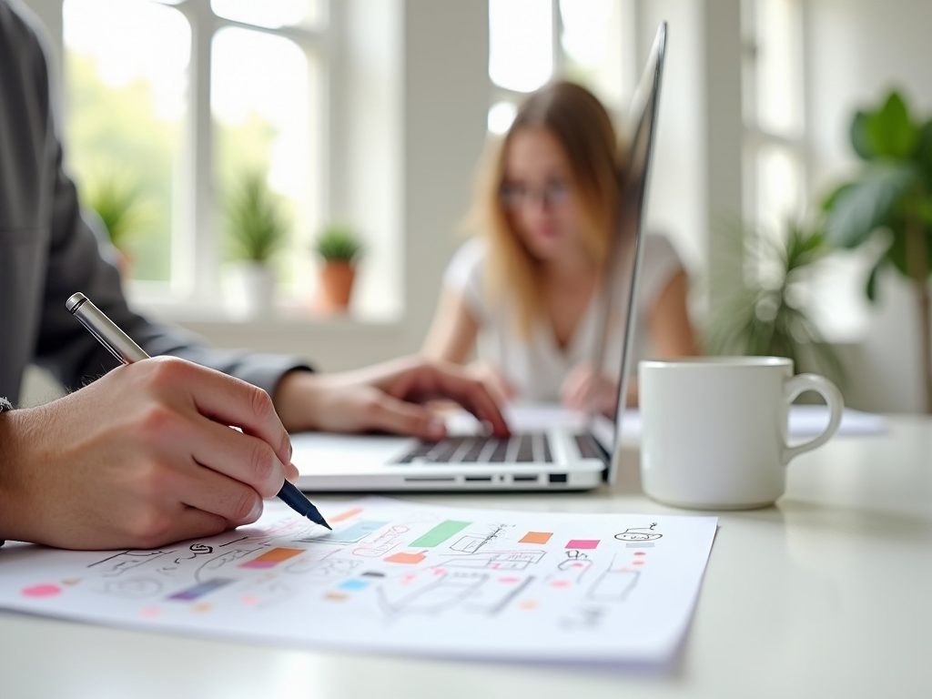 Two professionals working at a table with documents, laptops, and a coffee mug, in a bright office setting.