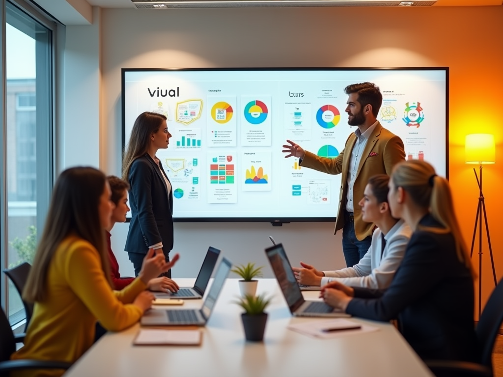 A business meeting with a presentation on screen; participants engage with laptops and charts displayed.