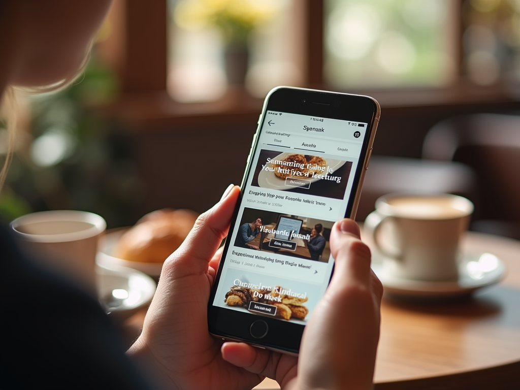 Person browsing news articles on a smartphone in a cozy cafe setting.