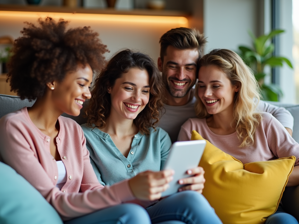 Four friends laughing together while looking at a tablet on a couch.