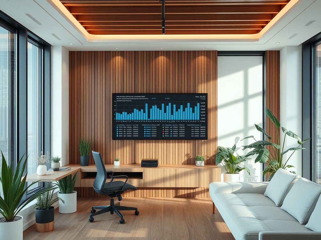 A modern office with a wood-paneled wall, large windows, a TV displaying charts, and greenery throughout the space.