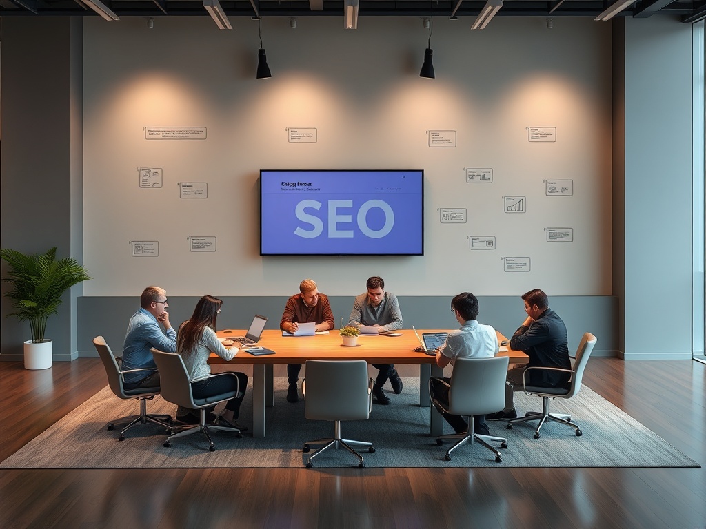 A diverse group of professionals engaged in a meeting, focused on SEO strategies in a modern conference room.