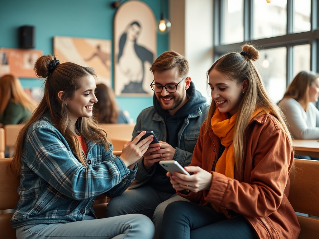 Three friends are sitting together in a café, smiling and looking at their phones, enjoying each other's company.