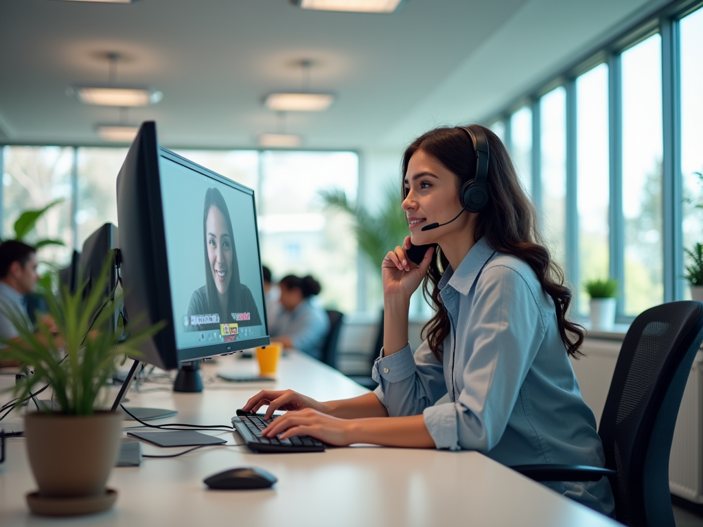 Woman in a headset at her desk on a video call with a smiling colleague displayed on her monitor.