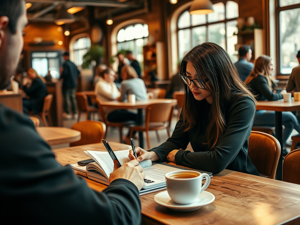 A woman reviews documents at a coffee shop while a man takes notes. Coffee sits on the table beside them.