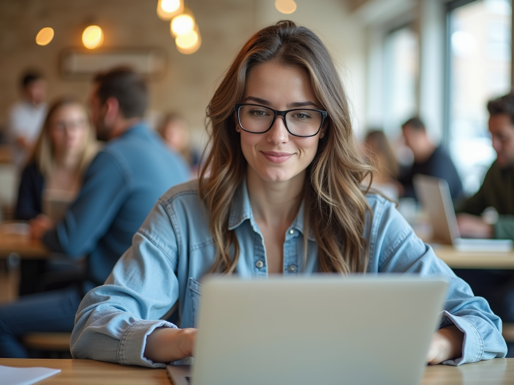 A young woman with glasses smiles while working on a laptop in a busy café with other people around.