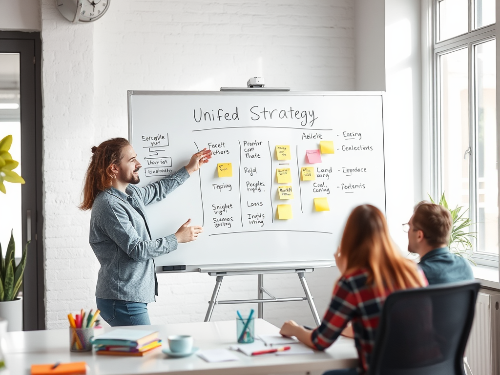 A person presents a "Unified Strategy" on a whiteboard to a small group in a bright office setting.