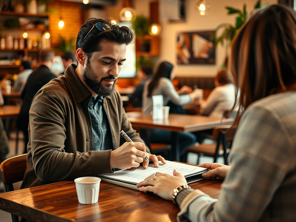 A man and a woman sit at a table in a cafe, discussing documents as others work in the background.