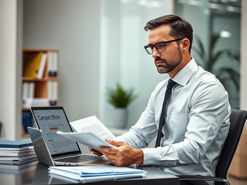 A man in a light blue shirt and tie examines documents while seated at a desk with a laptop and files.