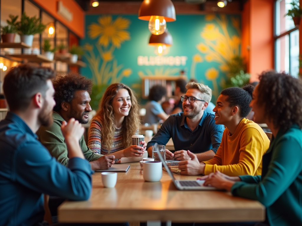 Group of diverse friends laughing and chatting in a cozy cafe with vibrant decor.