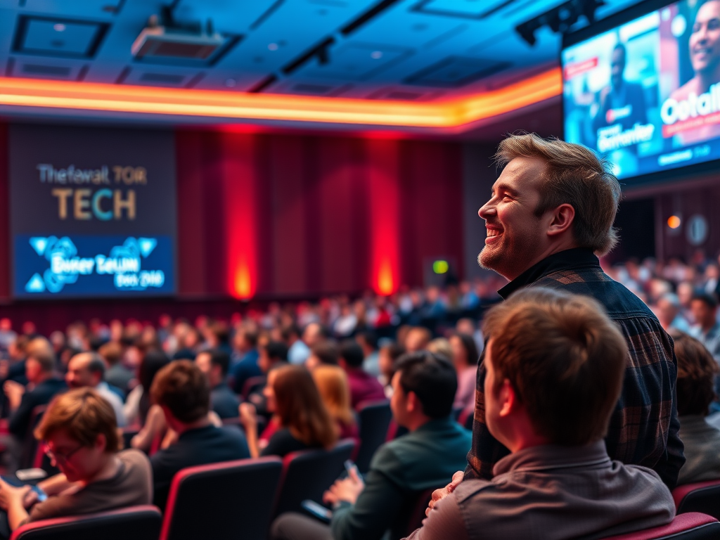 A lively audience at a tech event, with a smiling attendee enjoying the presentation on stage.