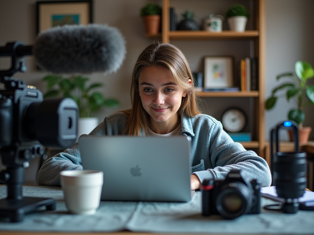 A young woman smiles while working on a laptop surrounded by a camera, microphone, and plant decor.