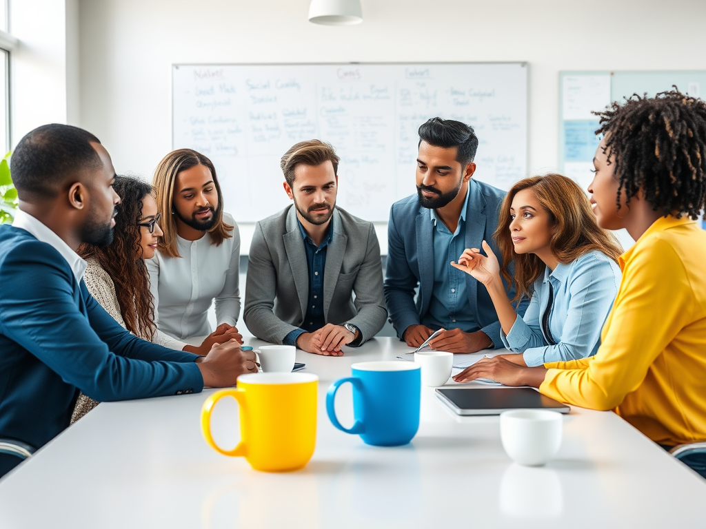 A diverse group of professionals engaged in discussion around a table with coffee cups and a tablet.