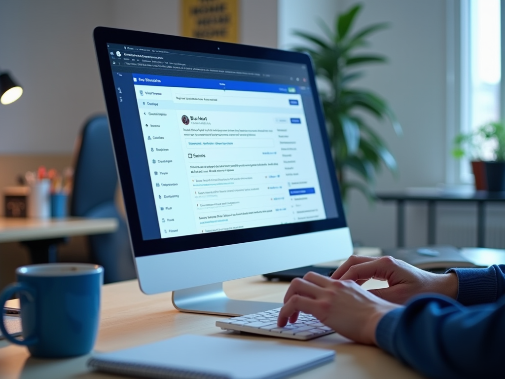 Person working on a computer with a website open, in an office setting with a cup of coffee.