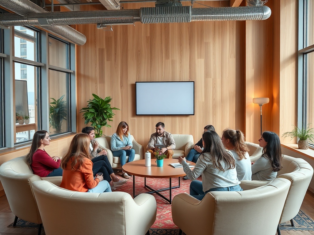 A group of people seated in a stylish lounge, engaging in discussion around a central table.