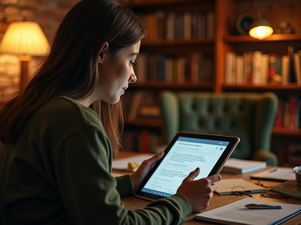 Woman reading on a tablet in a cozy library with a warm lamp.