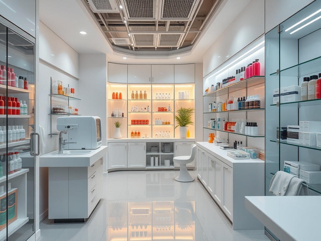 A bright, modern beauty salon interior with product shelves and a white workstation.