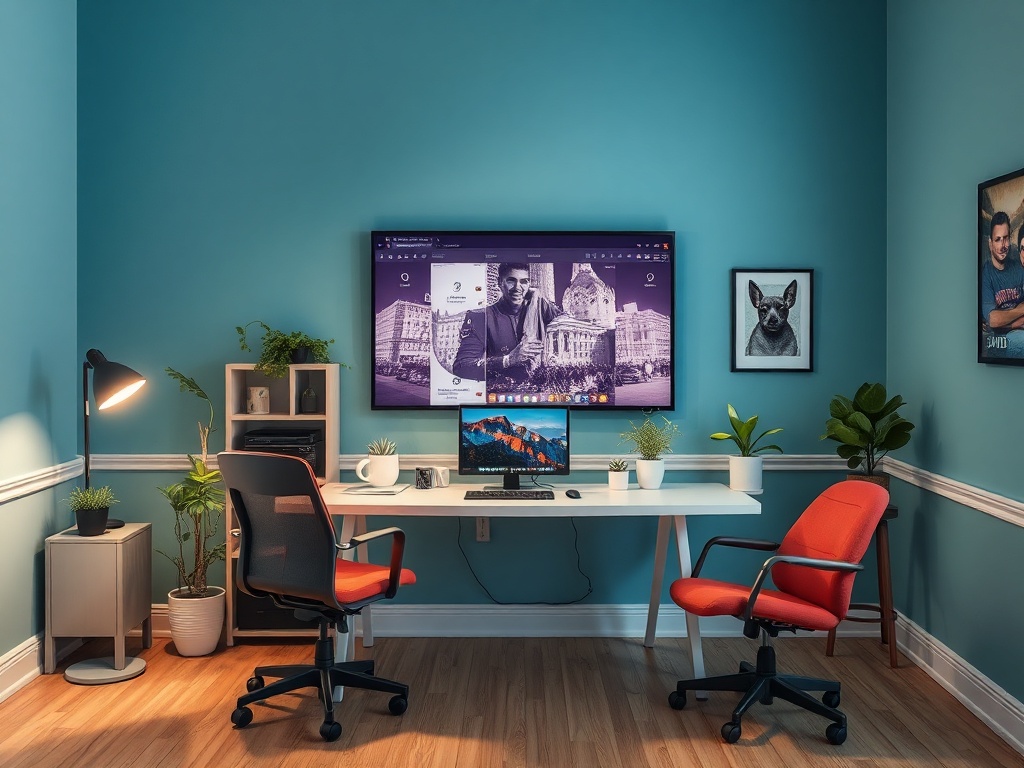 A stylish home office featuring a desk, two chairs, plants, and a large wall-mounted screen.