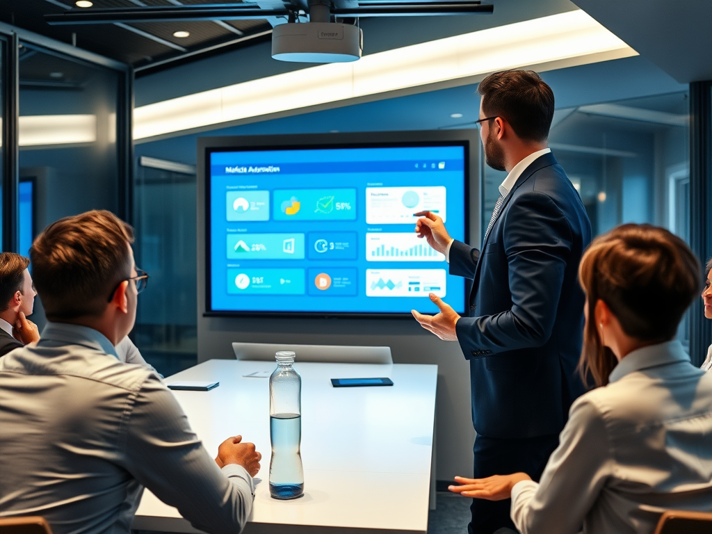 A professional presenting data on a screen to an engaged audience in a modern conference room.