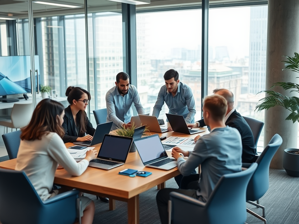 A diverse group of professionals collaborates around a table with laptops in a modern office setting.