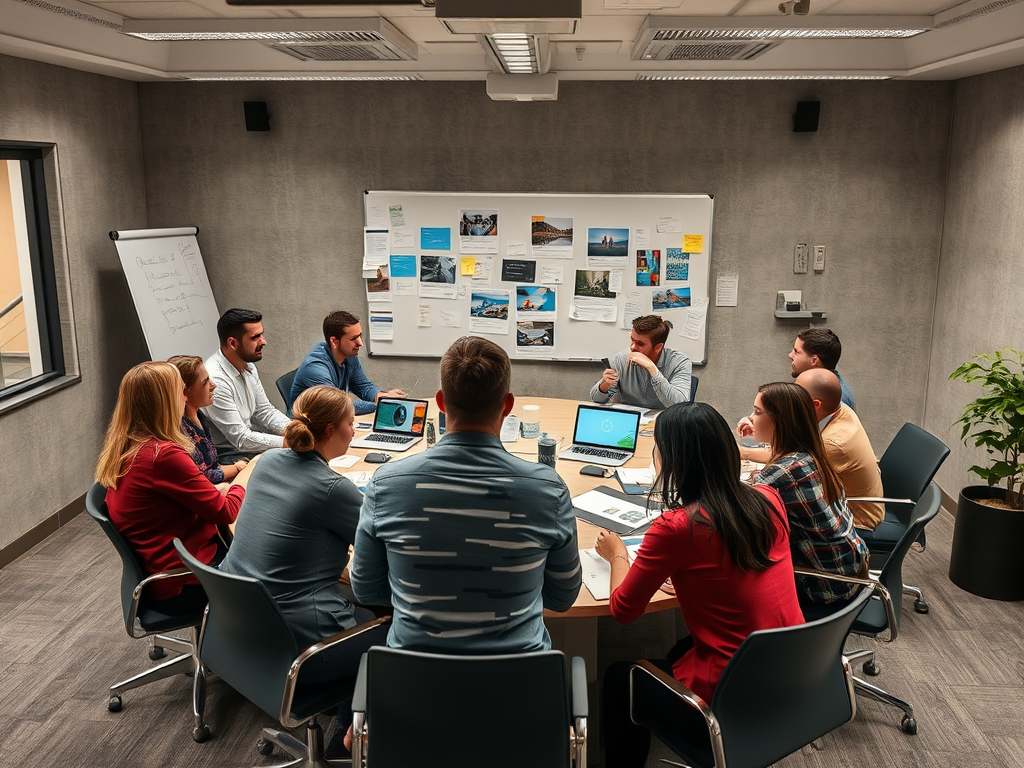 A group of professionals discusses ideas around a conference table in a modern meeting room.