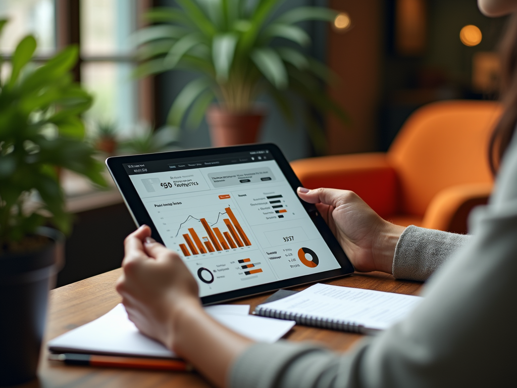 Person reviewing financial analytics on a tablet in a cozy office setting.