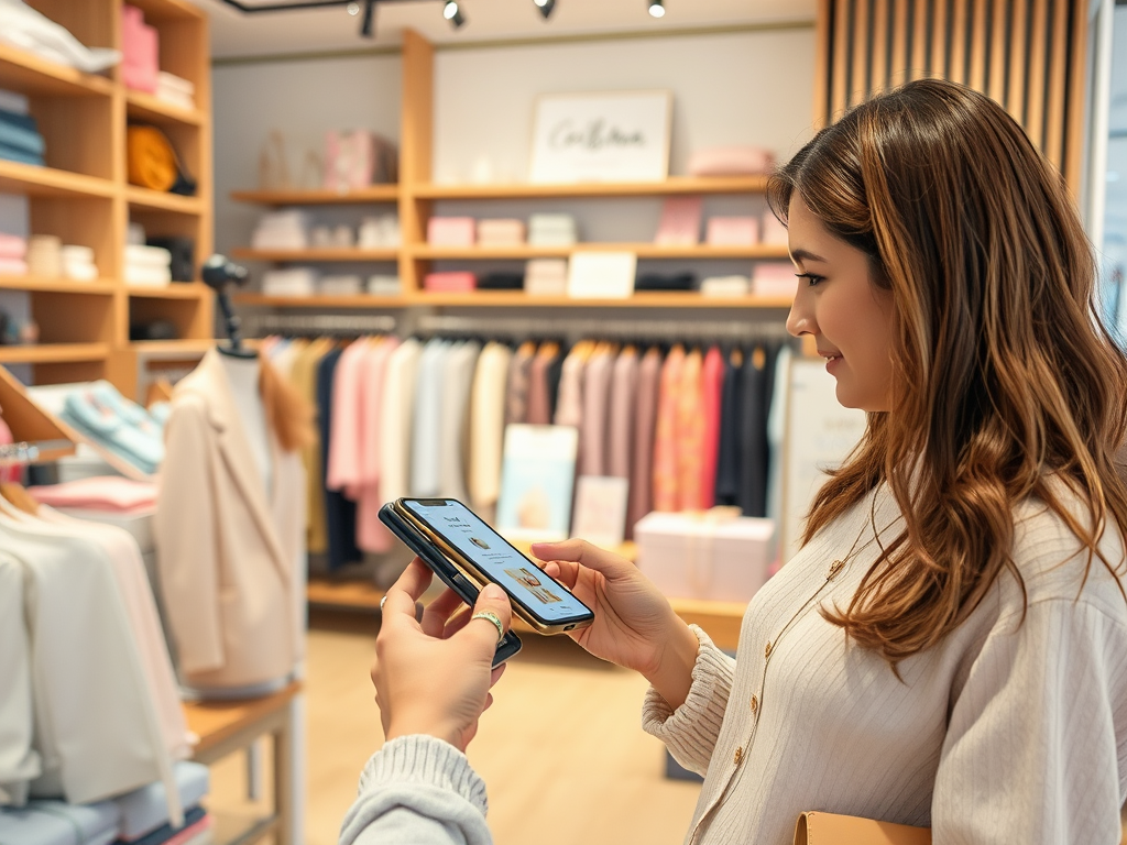 A woman shops in a clothing store, checking her phone as she examines items on display.