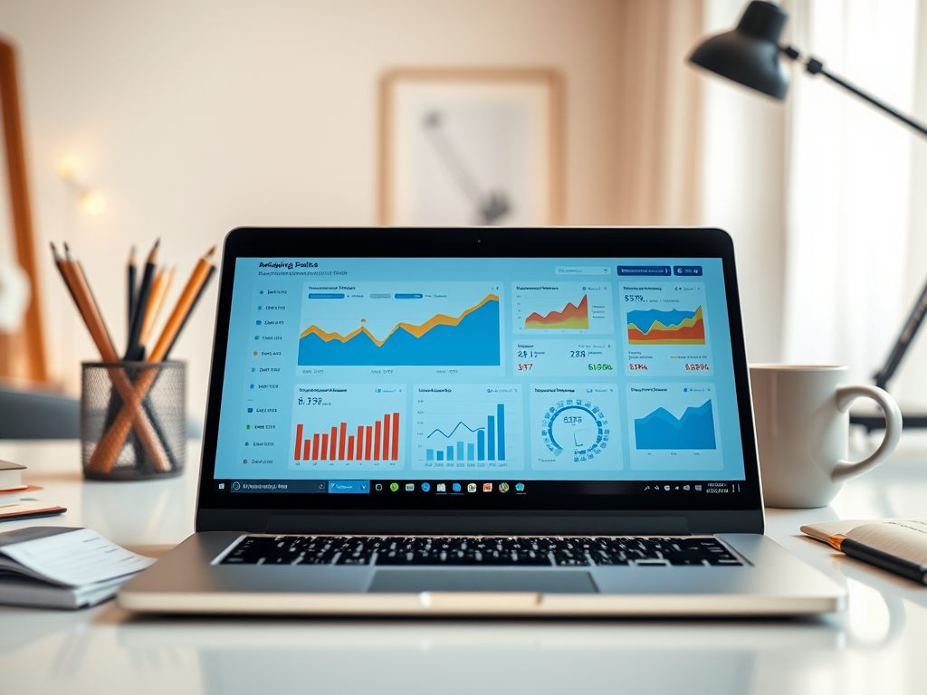 A laptop on a desk displays colorful data charts, graphs, and metrics with a coffee cup and stationery nearby.