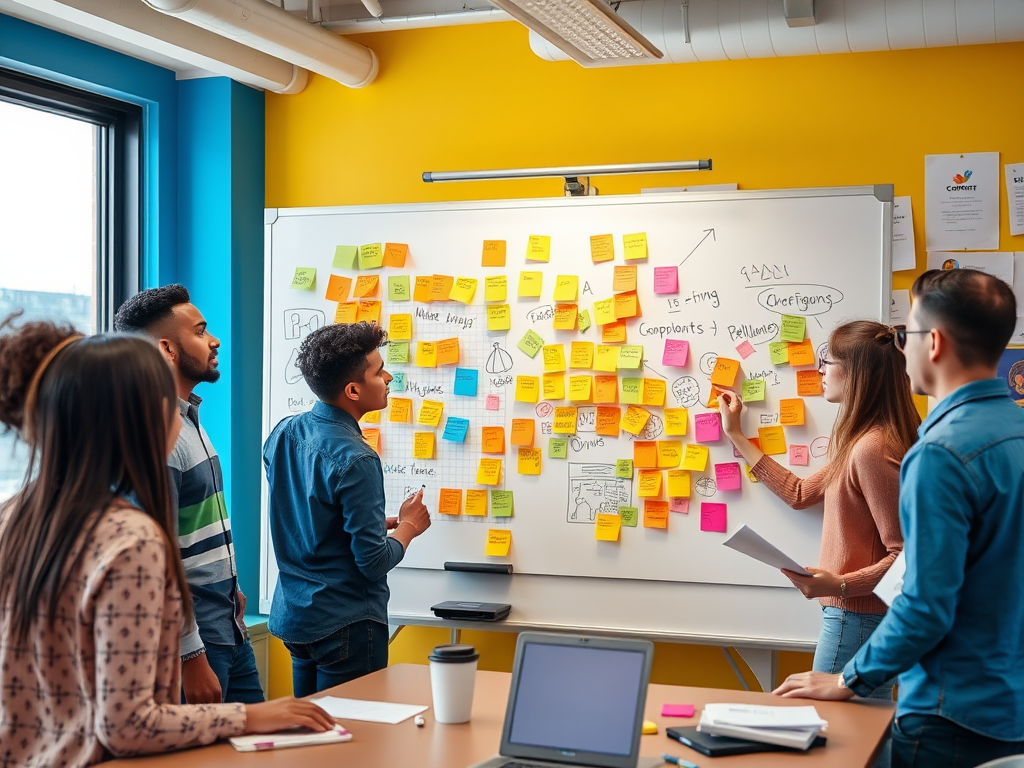 A diverse group of people collaborating in a bright room with sticky notes on a whiteboard and a laptop on the table.