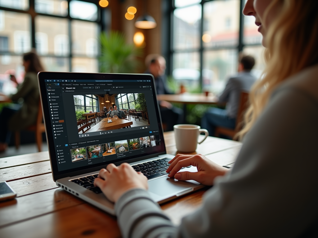 A person editing photos on a laptop at a café with a cozy atmosphere and green plants in the background.