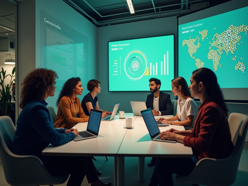 A diverse group of professionals collaborates in a modern meeting room, focused on data displayed on screens.