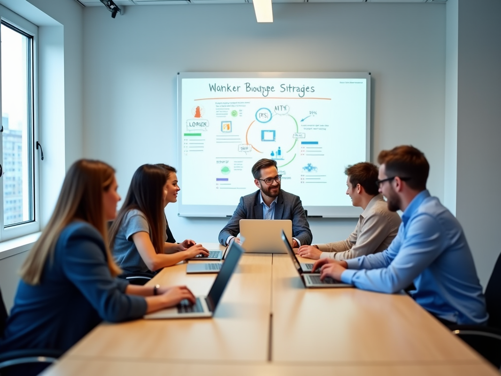 Business team in a meeting discussing a presentation displayed on a screen in a modern office.