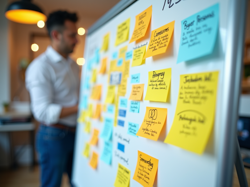 A person is writing on a whiteboard covered with colorful sticky notes for brainstorming and planning.