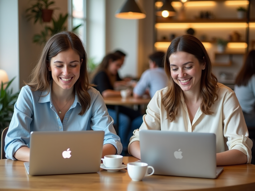 Two women smiling and working on laptops in a bustling café.