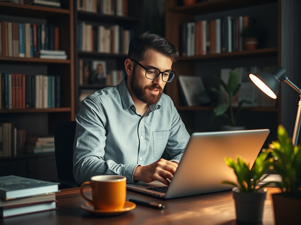 A man with glasses works on a laptop at a wooden desk, with books and a plant in a cozy, dimly lit room.