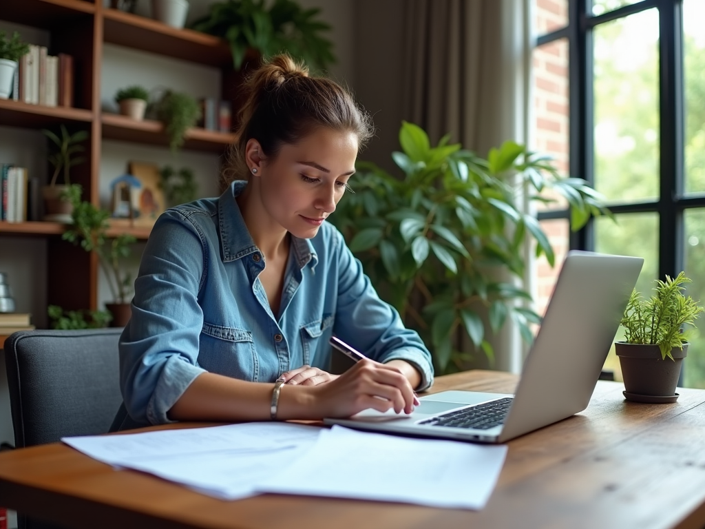 Woman in denim shirt writing notes at a desk with a laptop, in a cozy room with plants and books.