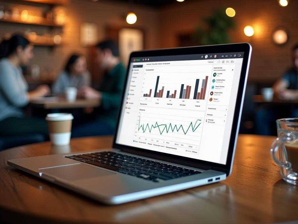 Laptop displaying graphs on screen in a coffee shop with blurred people chatting in the background.