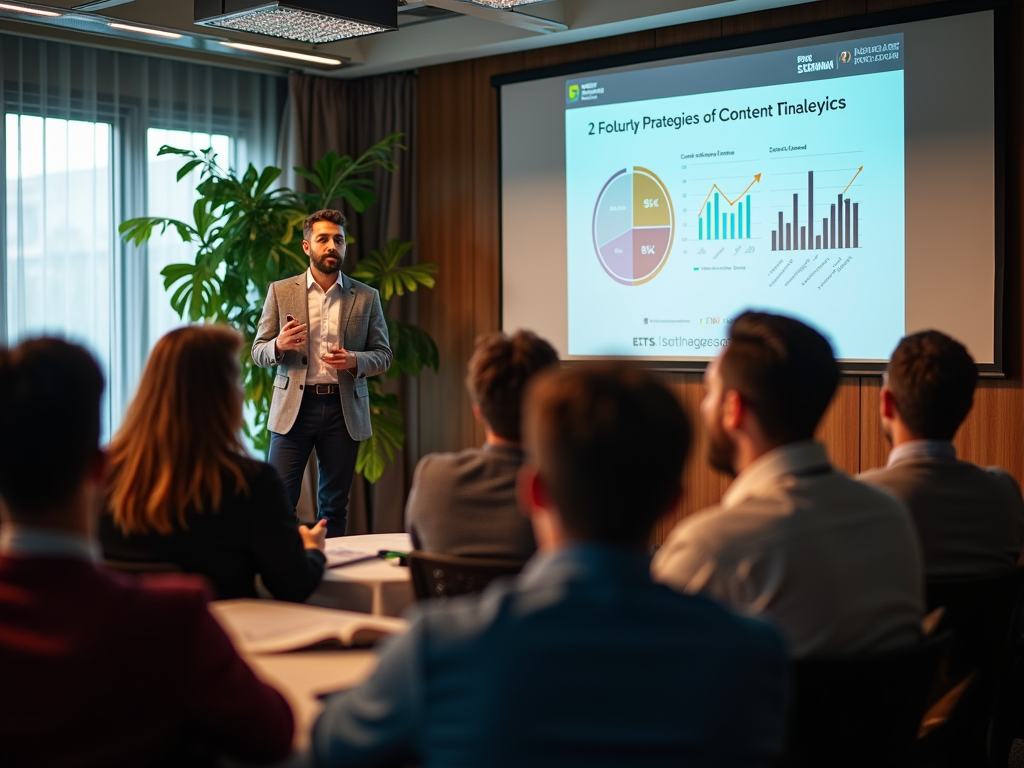 A speaker presents strategies on a screen to an engaged audience in a modern conference room.