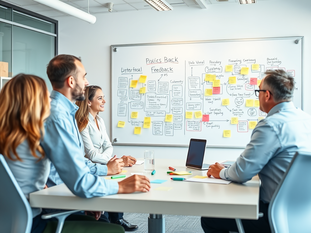 A group of professionals discusses ideas in front of a whiteboard filled with sticky notes and charts.