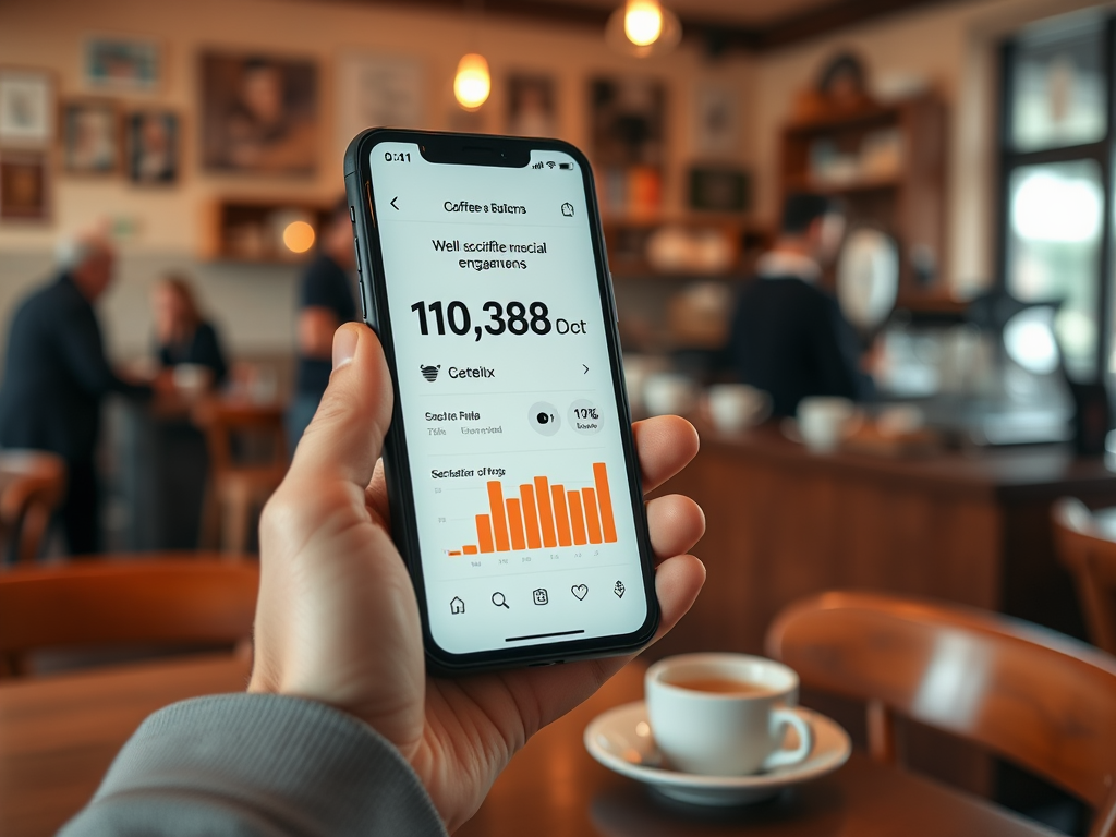 A person holding a smartphone displaying engagement statistics in a café, with a coffee cup in the foreground.