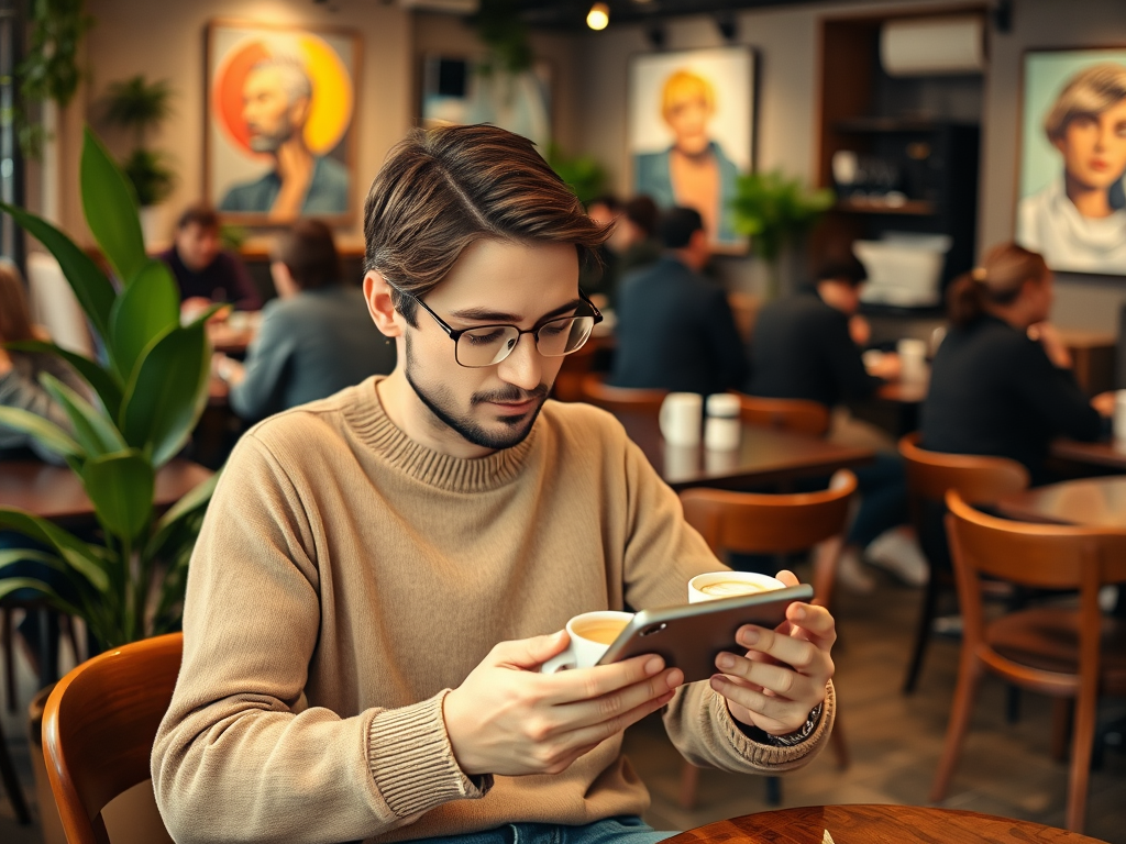 A young man in a cozy café, holding a smartphone and two cups of coffee, focused on his device.