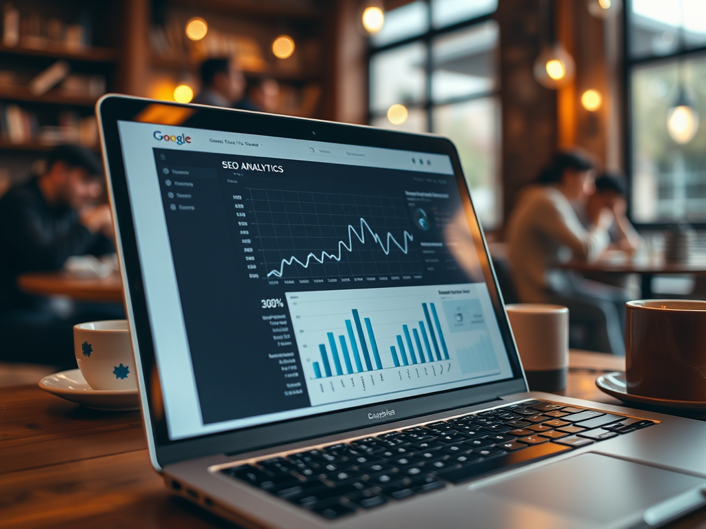 A laptop displays SEO analytics graphs, with coffee cups on a wooden table in a cozy café setting.