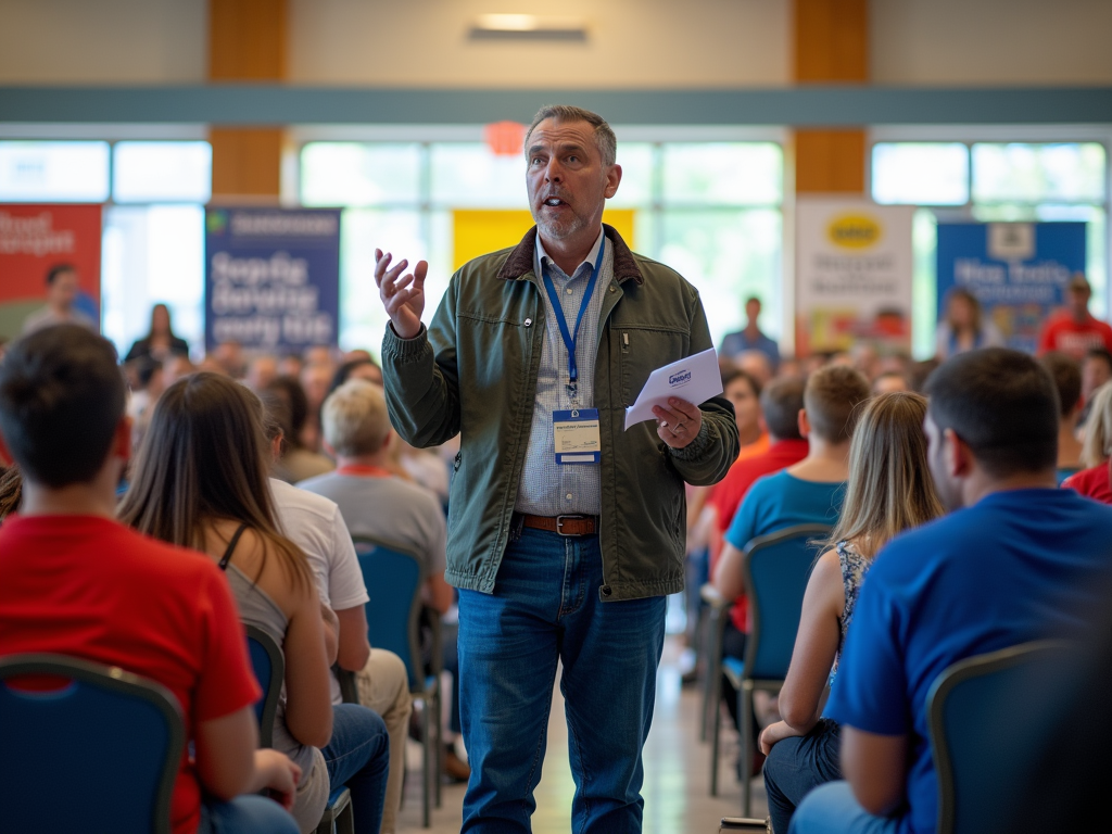 Man with badge speaking to seated students in a seminar hall.