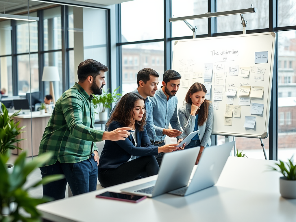 A diverse team collaborates around a laptop, discussing ideas in a bright, modern office with sticky notes.