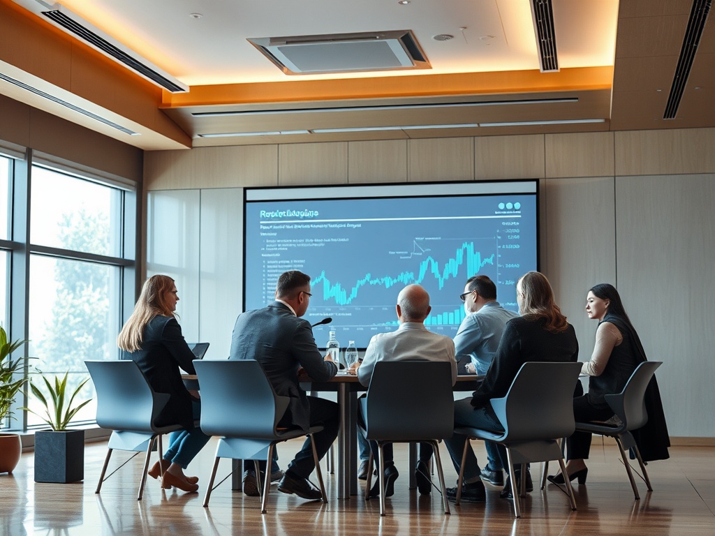A group of professionals sits around a table, discussing a presentation displayed on a screen in a modern conference room.