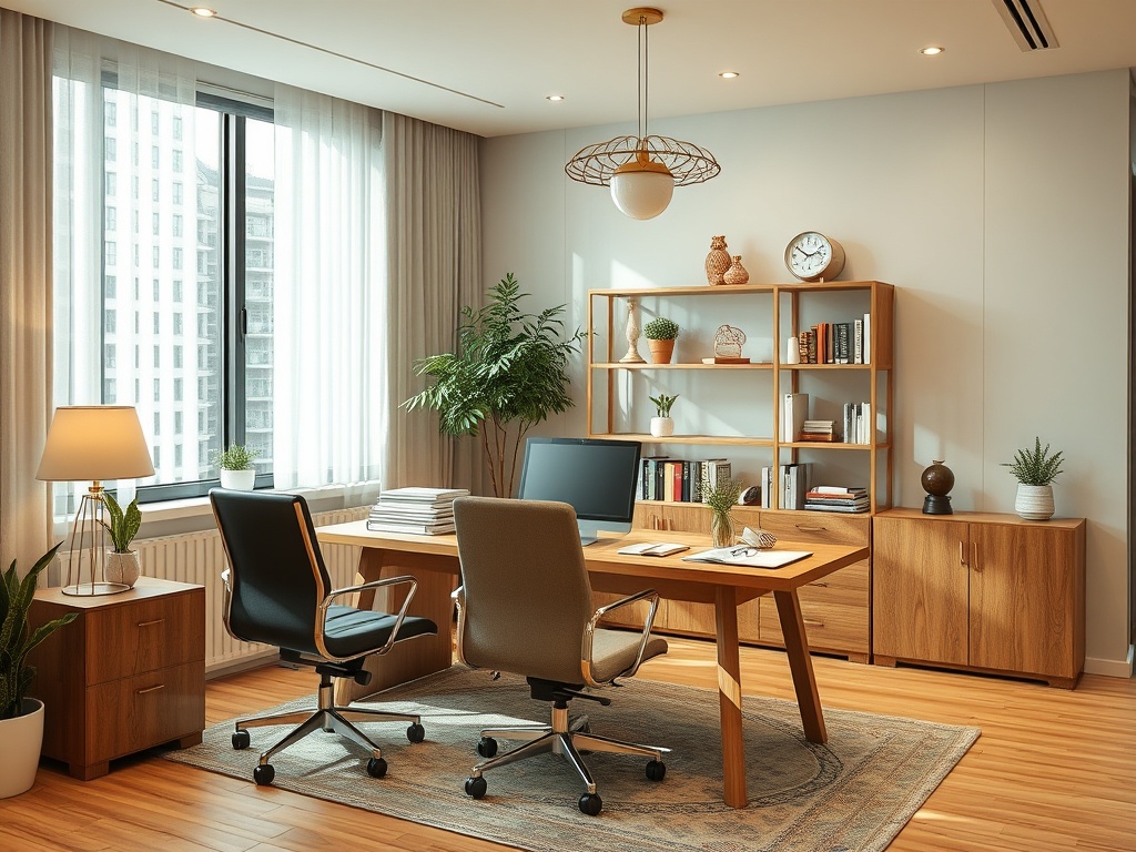 A modern office with wooden furniture, plants, and a large window providing natural light.