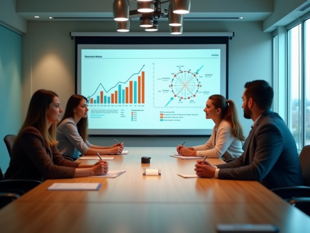 Four professionals discussing graphs displayed on a screen in a boardroom meeting.