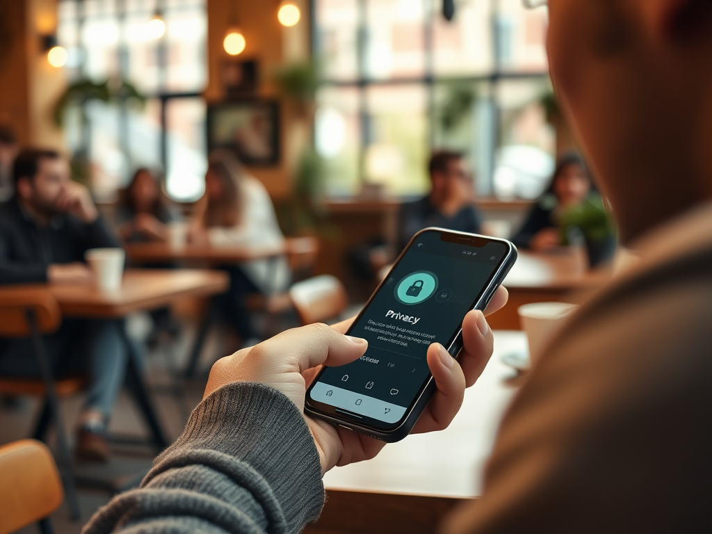 A person holding a smartphone displaying a privacy screen in a cozy café setting with people in the background.